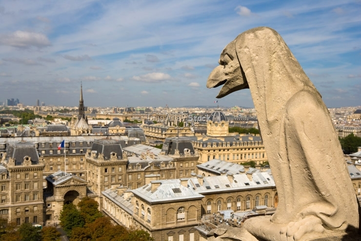 France, Paris, Ile de la Cite, gargoyle on roof of Notre Dame