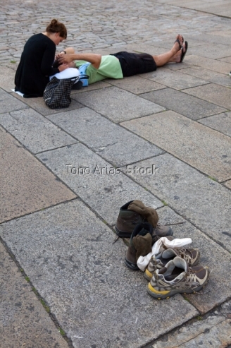 Peregrinos, plaza del Obradoiro;Santiago de Compostela, Galicia
